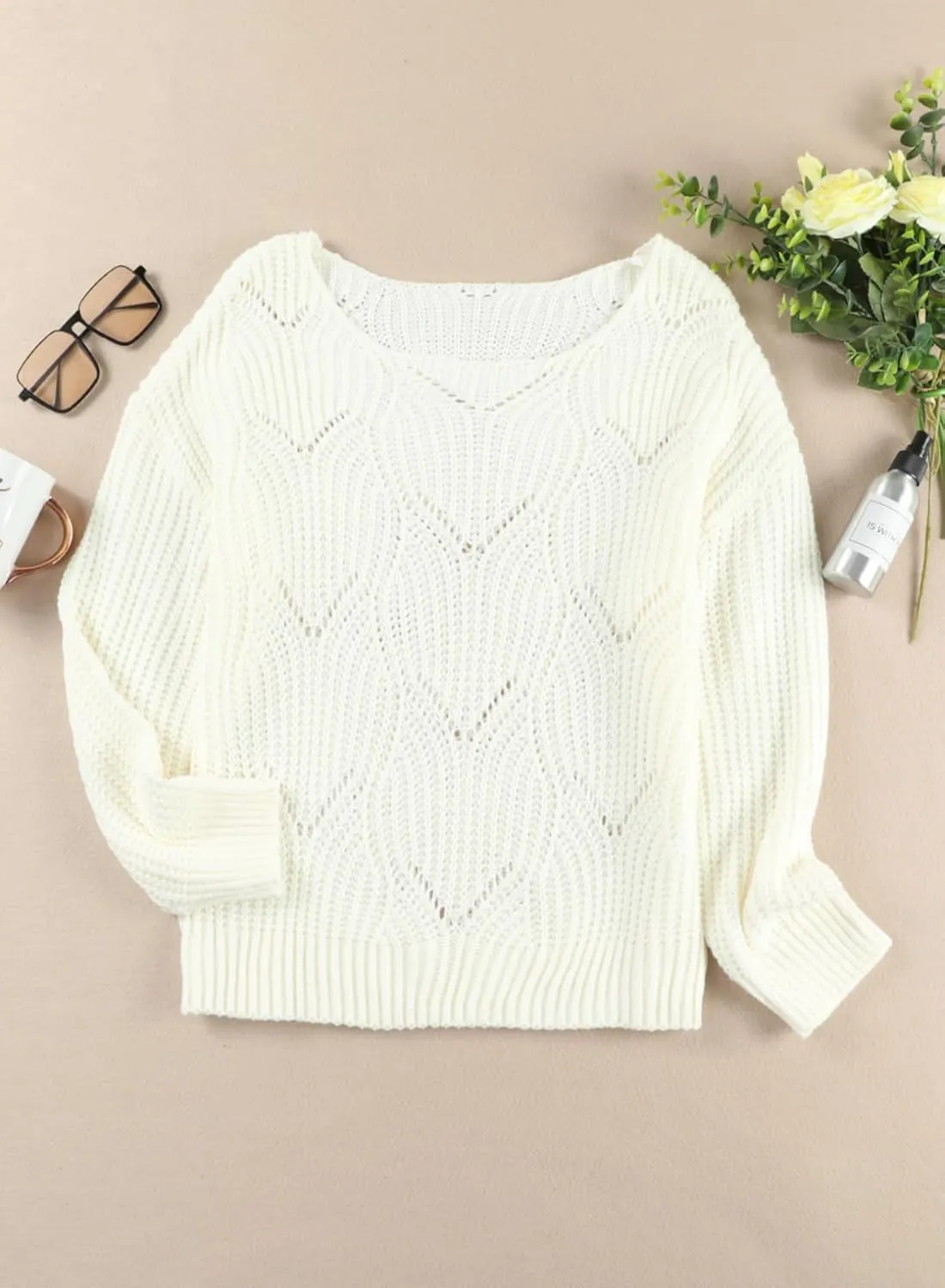 Dokotoo Womens Sweaters 2024 Crewneck Cute Elegant Soft Long Sleeve Hollow Cable Knit Pullover Tops