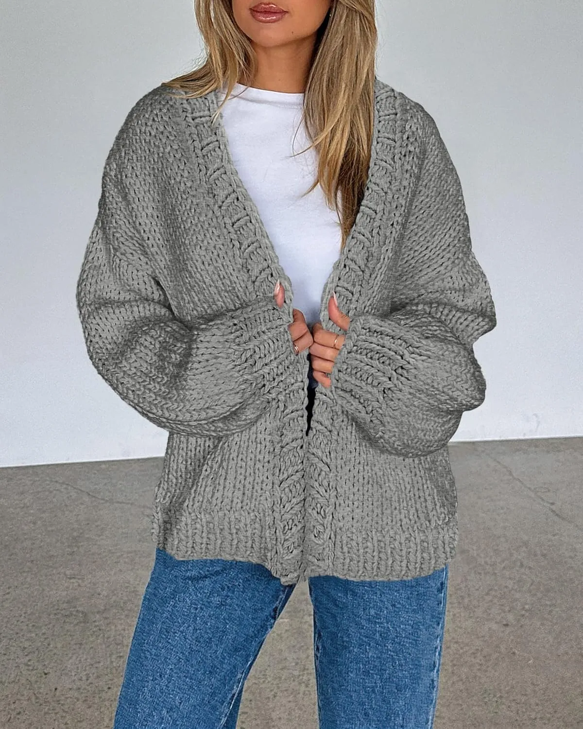 dowerme Women's Oversized Cardigan Casual Long Sleeve Open Front Drop Shoulder Cute Spring Sweaters Chunky Knit Outerwear