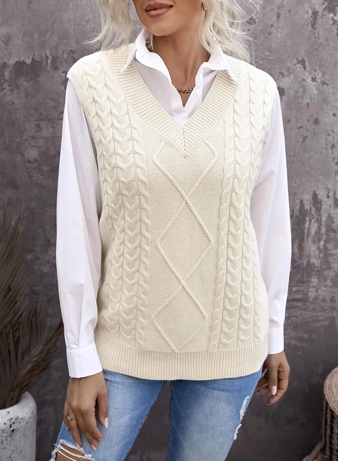 EVALESS Oversized Sweater Vest for Women V Neck Sleeveless Solid Color Loose Pullover Sweater