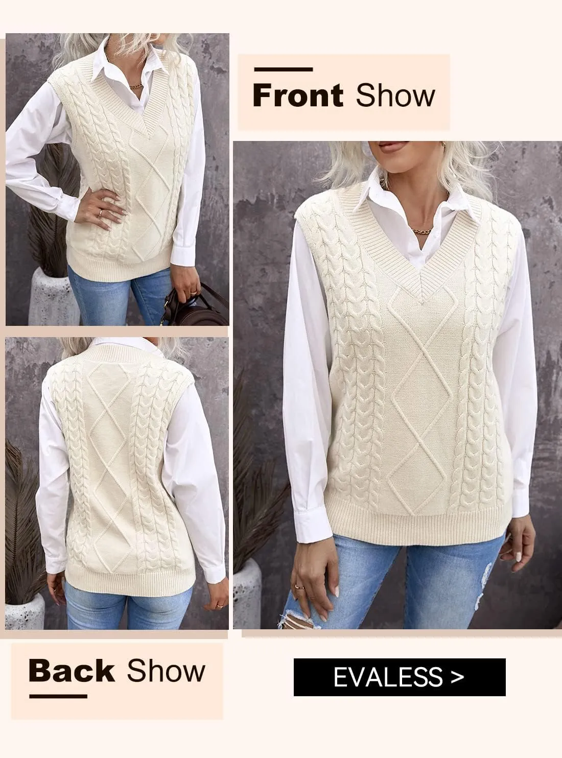 EVALESS Oversized Sweater Vest for Women V Neck Sleeveless Solid Color Loose Pullover Sweater