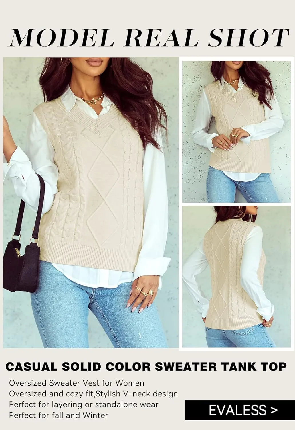 EVALESS Oversized Sweater Vest for Women V Neck Sleeveless Solid Color Loose Pullover Sweater