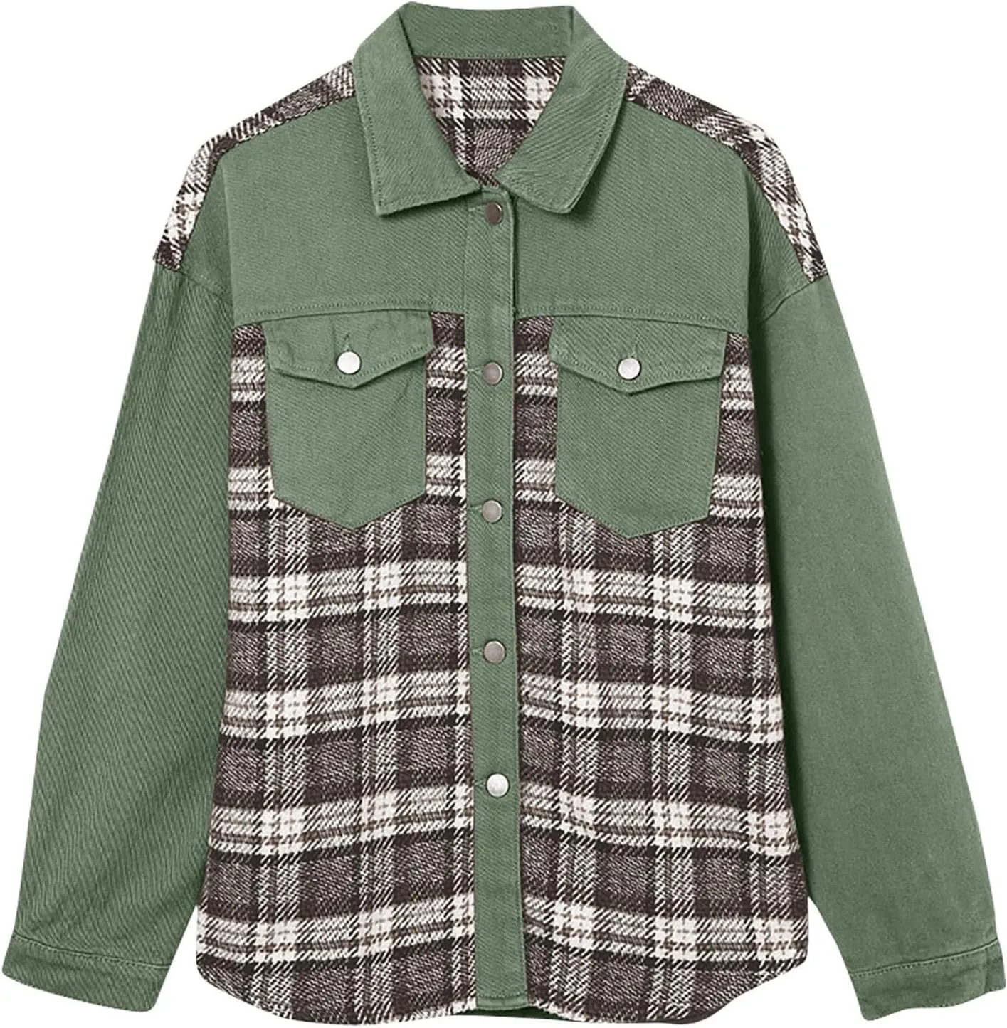 Fall Outfits for Women 2024 Oversized Plaid Denim Jacket Long Sleeve Button Down Shacket Jean Jacket with Pockets