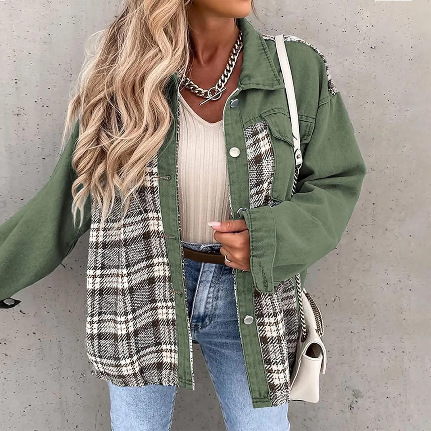 Fall Outfits for Women 2024 Oversized Plaid Denim Jacket Long Sleeve Button Down Shacket Jean Jacket with Pockets