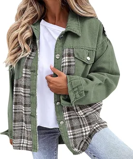 Fall Outfits for Women 2024 Oversized Plaid Denim Jacket Long Sleeve Button Down Shacket Jean Jacket with Pockets