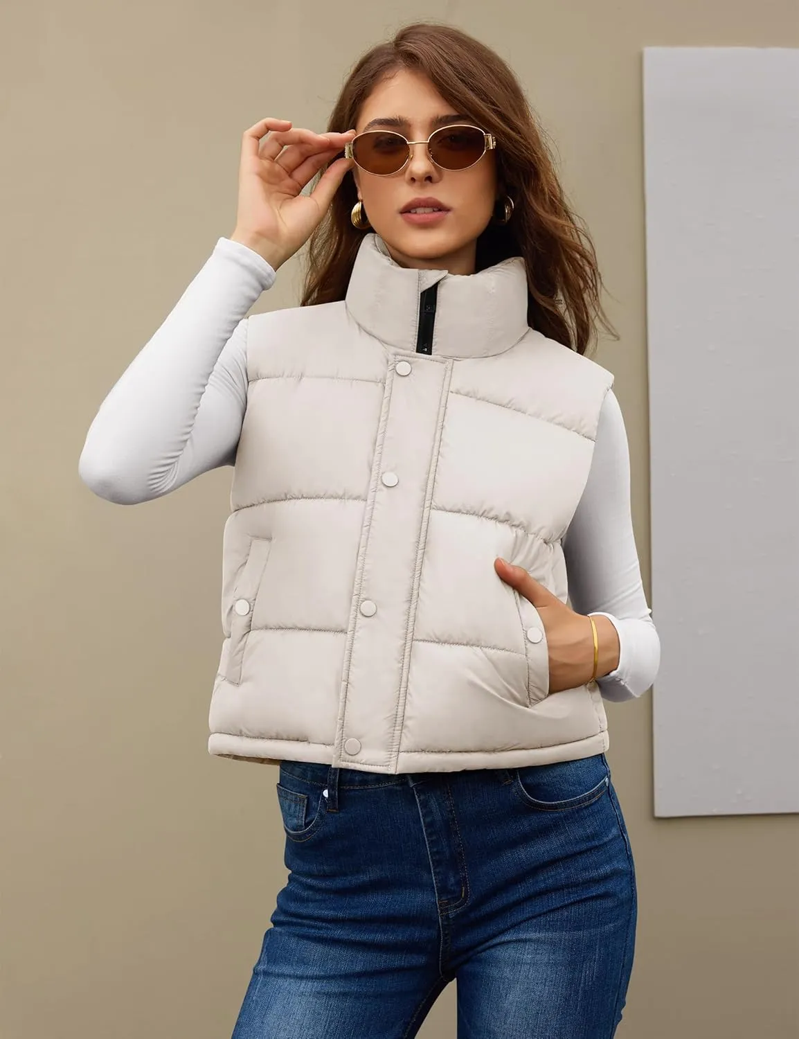 Fengbay Womens Puffer Vest Sleeveless Puffy Cropped Vests Stand Collar Vest Lightweight Bubble Quilted Vests Trendy 2025
