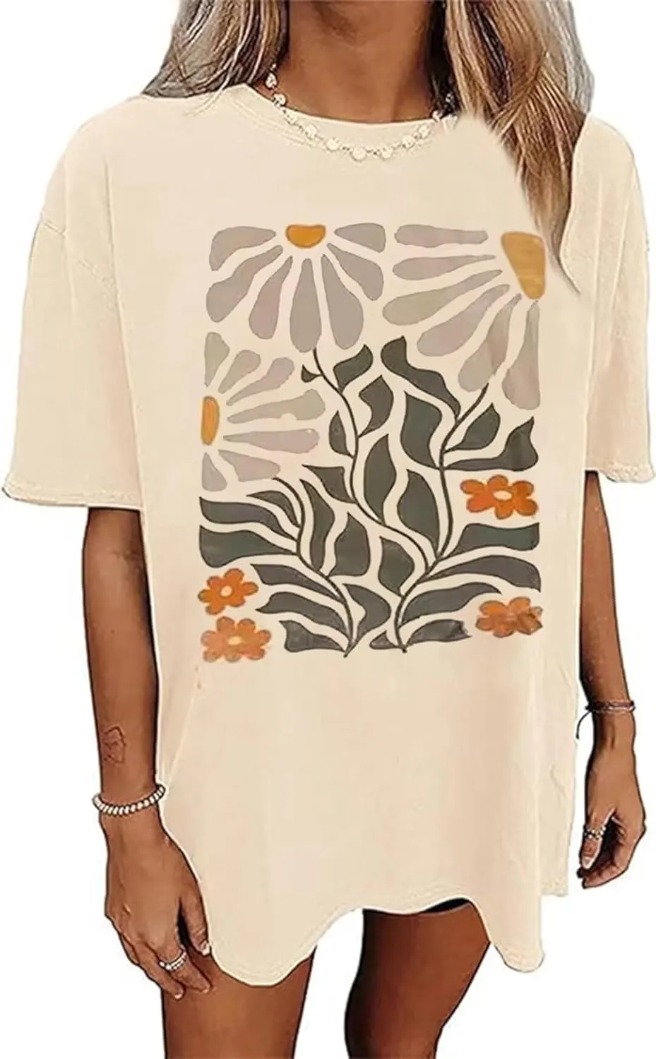 Flower Graphic Oversize Tshirt Women Vintage Wildflowers T-Shirts Sun and Moon Vacation Tee Summer Casual Loose Tee Top
