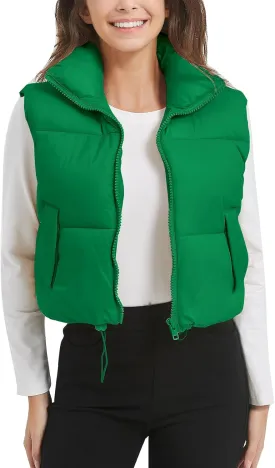 Flygo Puffer Vest Women Cropped Vest Zip Up Stand Collar Sleeveless Lightweight Winter Down Vests Jacket