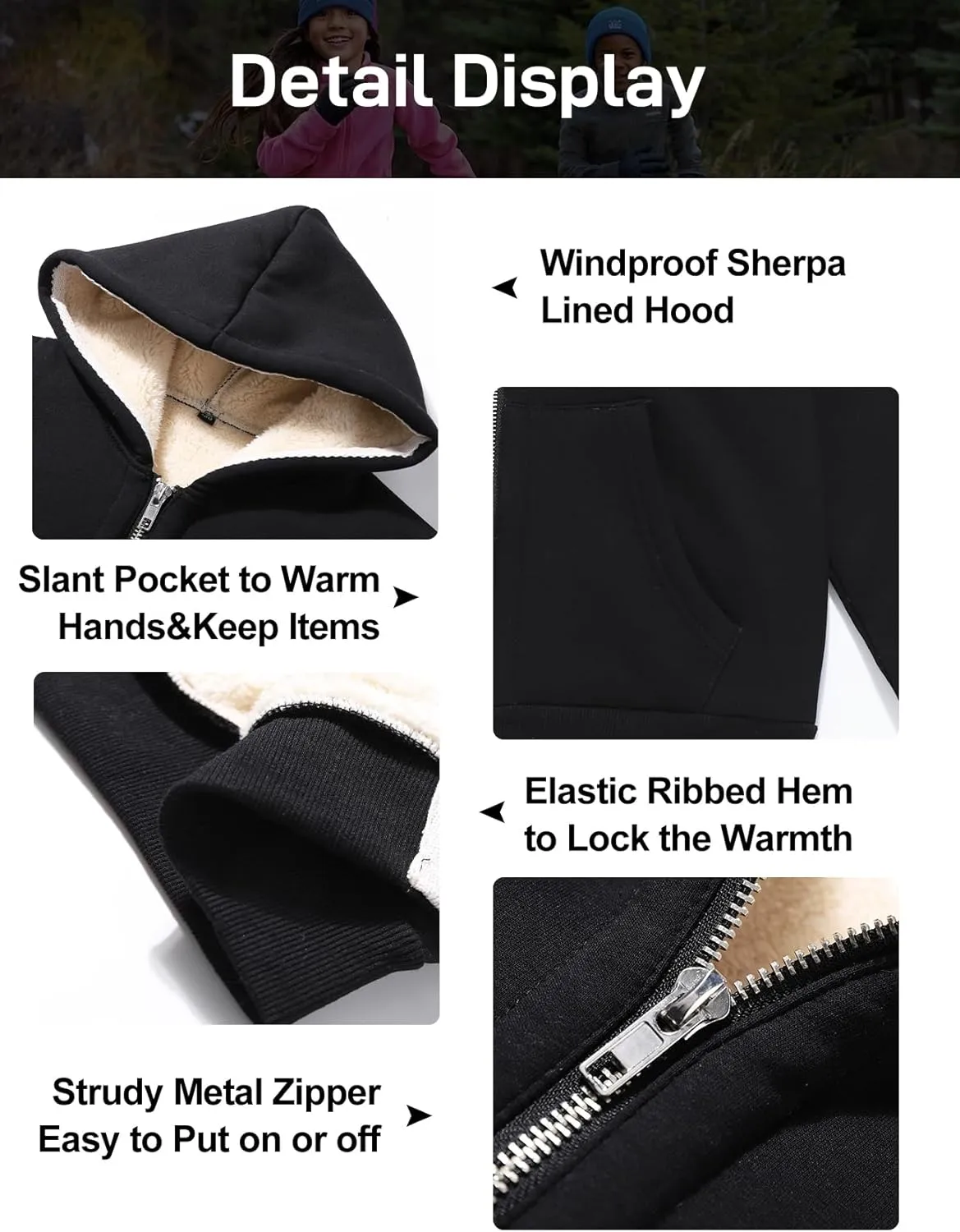 Flygo Unisex Boys Girls Fleece Jacket Hoodie Sherpa Lined Zip Up Hooded Sweatshirt Kids Winter Jackets 5-15Y