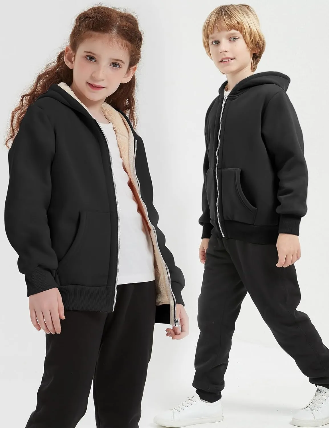 Flygo Unisex Boys Girls Fleece Jacket Hoodie Sherpa Lined Zip Up Hooded Sweatshirt Kids Winter Jackets 5-15Y
