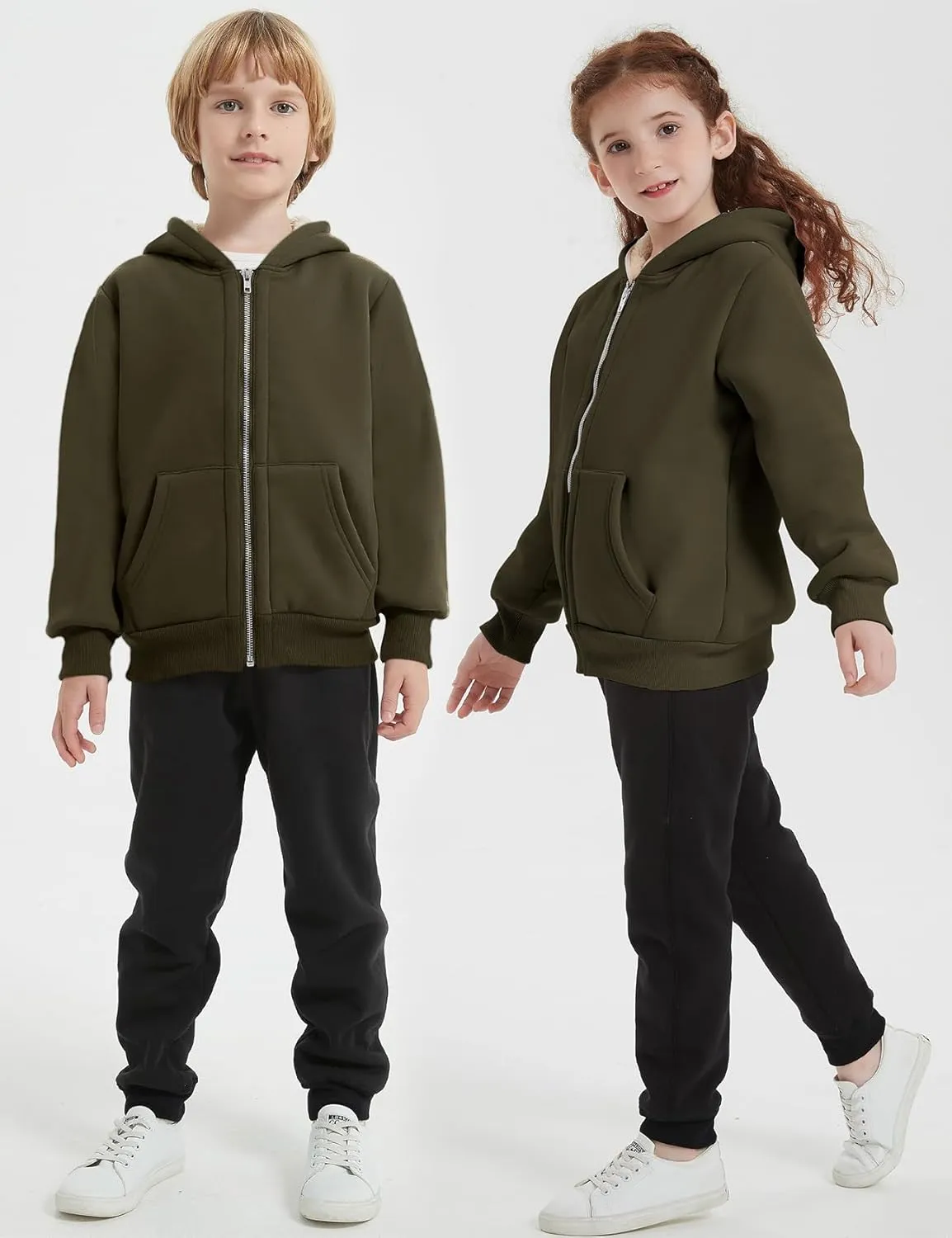 Flygo Unisex Boys Girls Fleece Jacket Hoodie Sherpa Lined Zip Up Hooded Sweatshirt Kids Winter Jackets 5-15Y