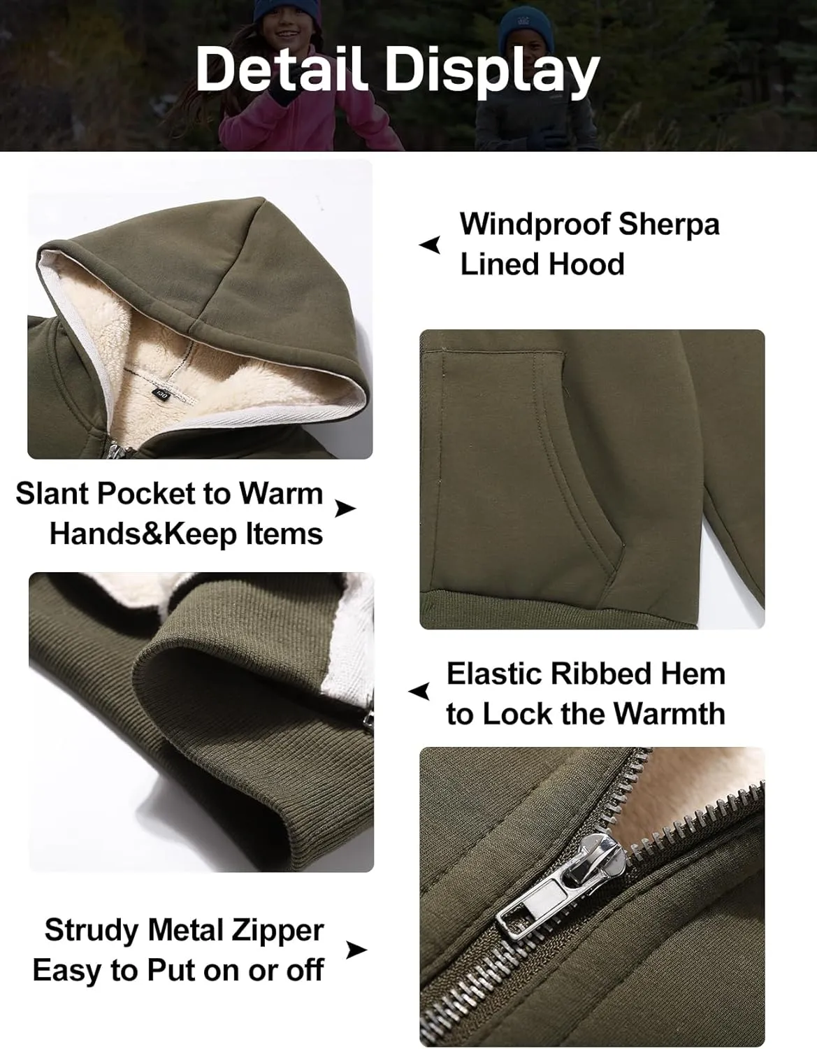 Flygo Unisex Boys Girls Fleece Jacket Hoodie Sherpa Lined Zip Up Hooded Sweatshirt Kids Winter Jackets 5-15Y