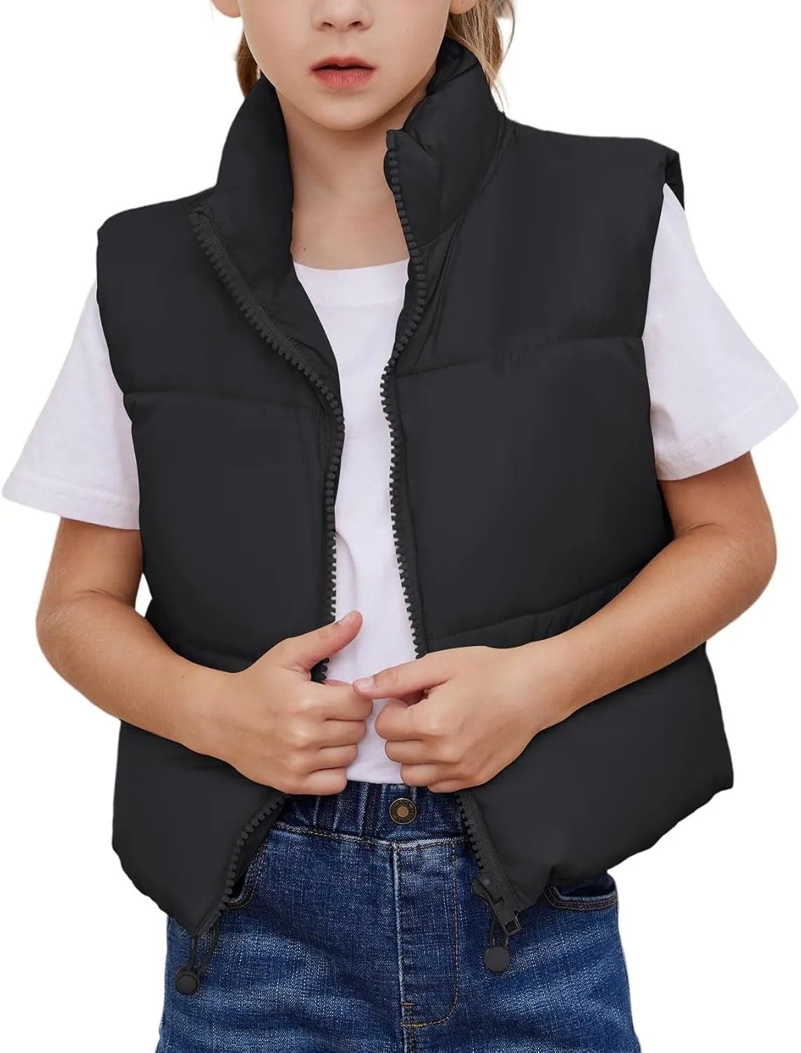 Gihuo Girls Winter Puffer Vest Lightweight Water-Resistant Quilted Vests Cropped Warm Kids Sleeveless Jacket Outerwear