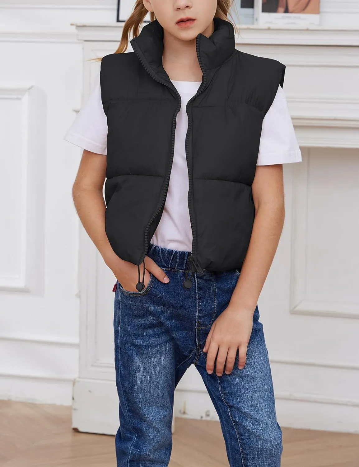 Gihuo Girls Winter Puffer Vest Lightweight Water-Resistant Quilted Vests Cropped Warm Kids Sleeveless Jacket Outerwear