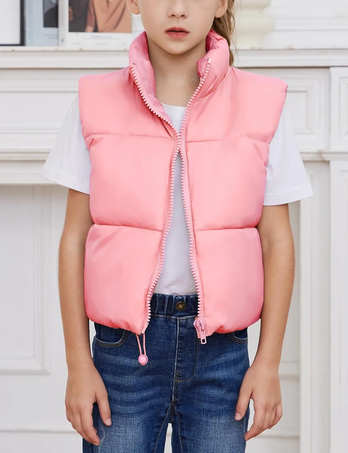 Gihuo Girls Winter Puffer Vest Lightweight Water-Resistant Quilted Vests Cropped Warm Kids Sleeveless Jacket Outerwear