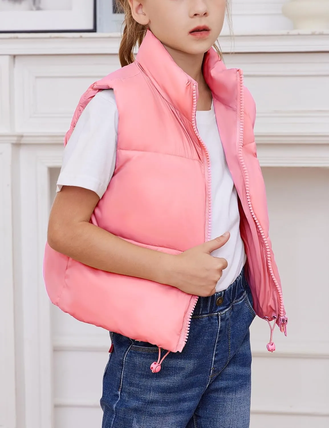 Gihuo Girls Winter Puffer Vest Lightweight Water-Resistant Quilted Vests Cropped Warm Kids Sleeveless Jacket Outerwear