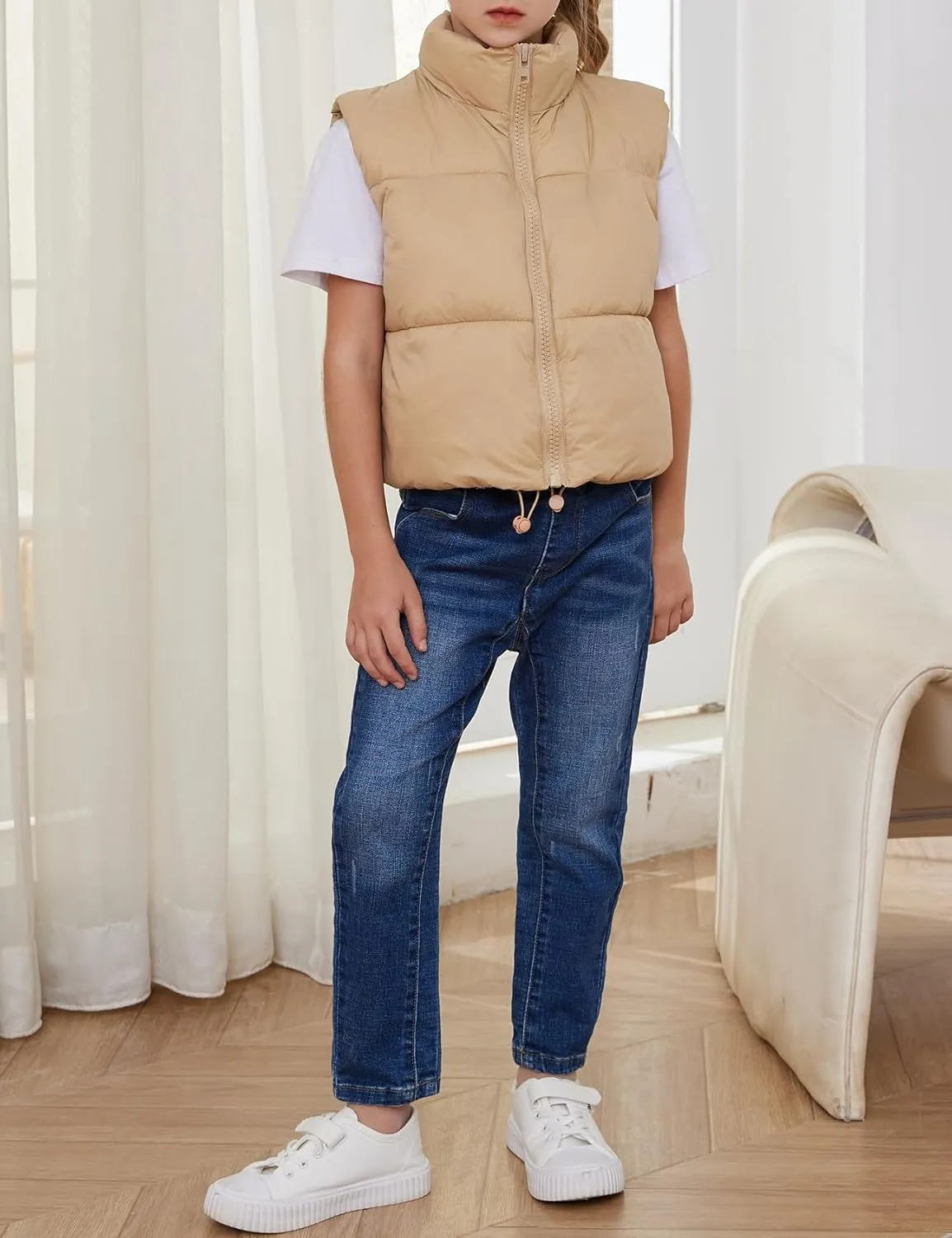 Gihuo Girls Winter Puffer Vest Lightweight Water-Resistant Quilted Vests Cropped Warm Kids Sleeveless Jacket Outerwear