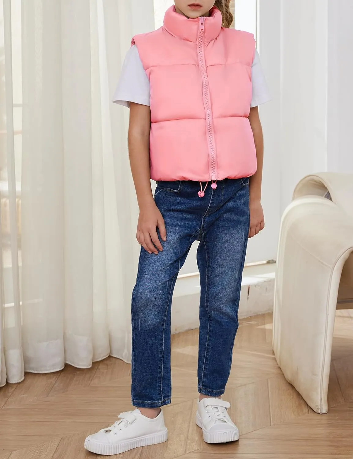 Gihuo Girls Winter Puffer Vest Lightweight Water-Resistant Quilted Vests Cropped Warm Kids Sleeveless Jacket Outerwear