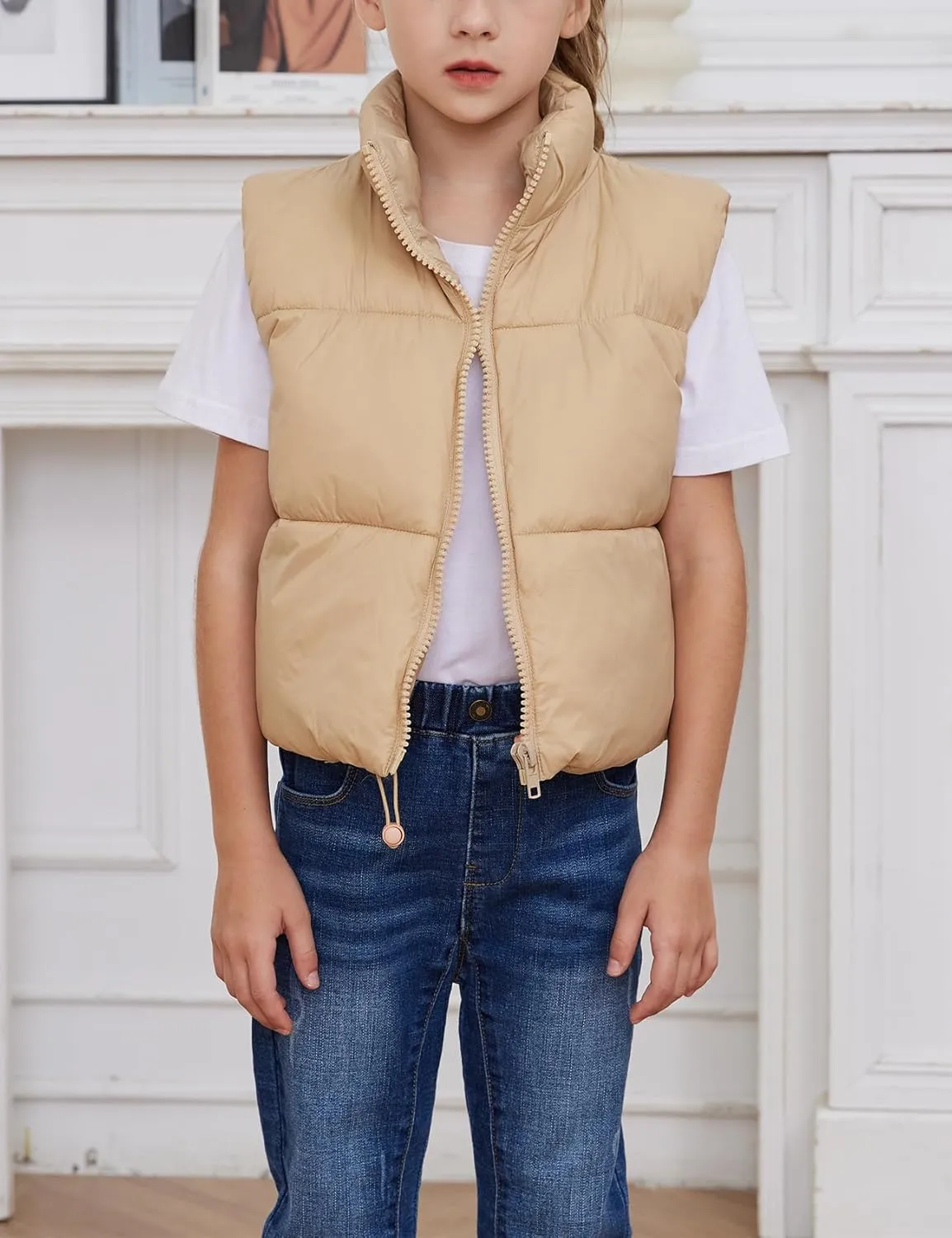 Gihuo Girls Winter Puffer Vest Lightweight Water-Resistant Quilted Vests Cropped Warm Kids Sleeveless Jacket Outerwear