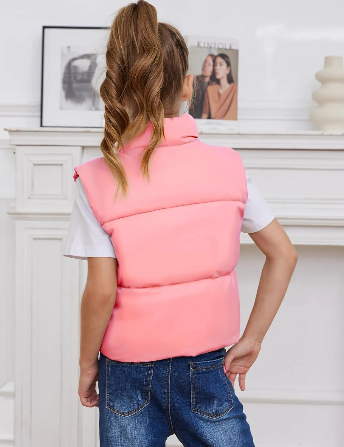 Gihuo Girls Winter Puffer Vest Lightweight Water-Resistant Quilted Vests Cropped Warm Kids Sleeveless Jacket Outerwear