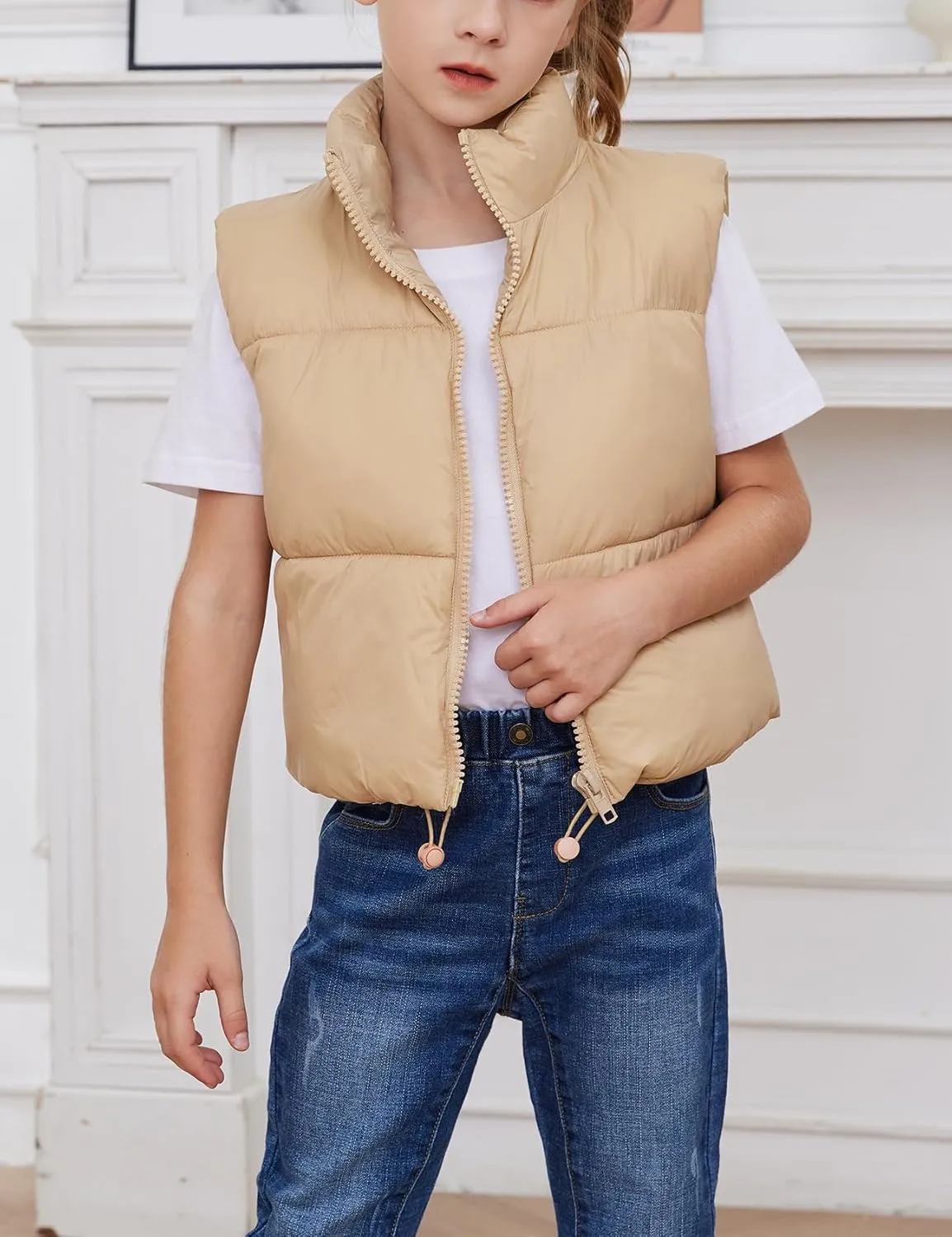 Gihuo Girls Winter Puffer Vest Lightweight Water-Resistant Quilted Vests Cropped Warm Kids Sleeveless Jacket Outerwear