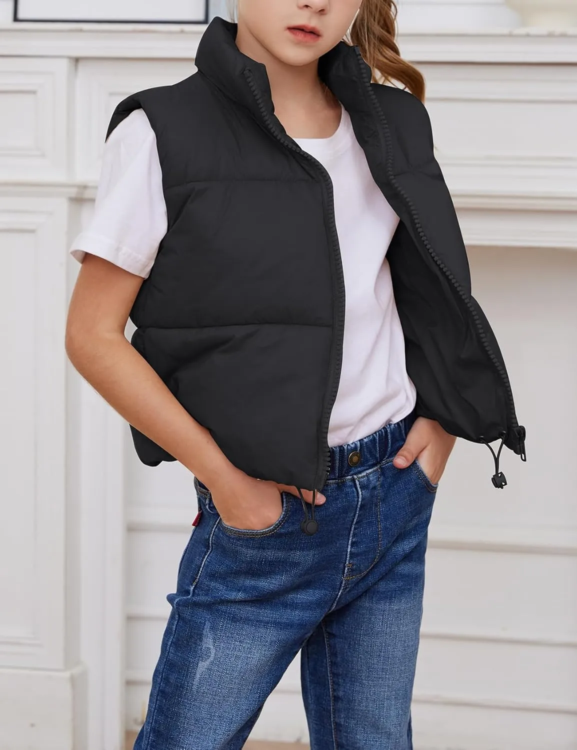 Gihuo Girls Winter Puffer Vest Lightweight Water-Resistant Quilted Vests Cropped Warm Kids Sleeveless Jacket Outerwear