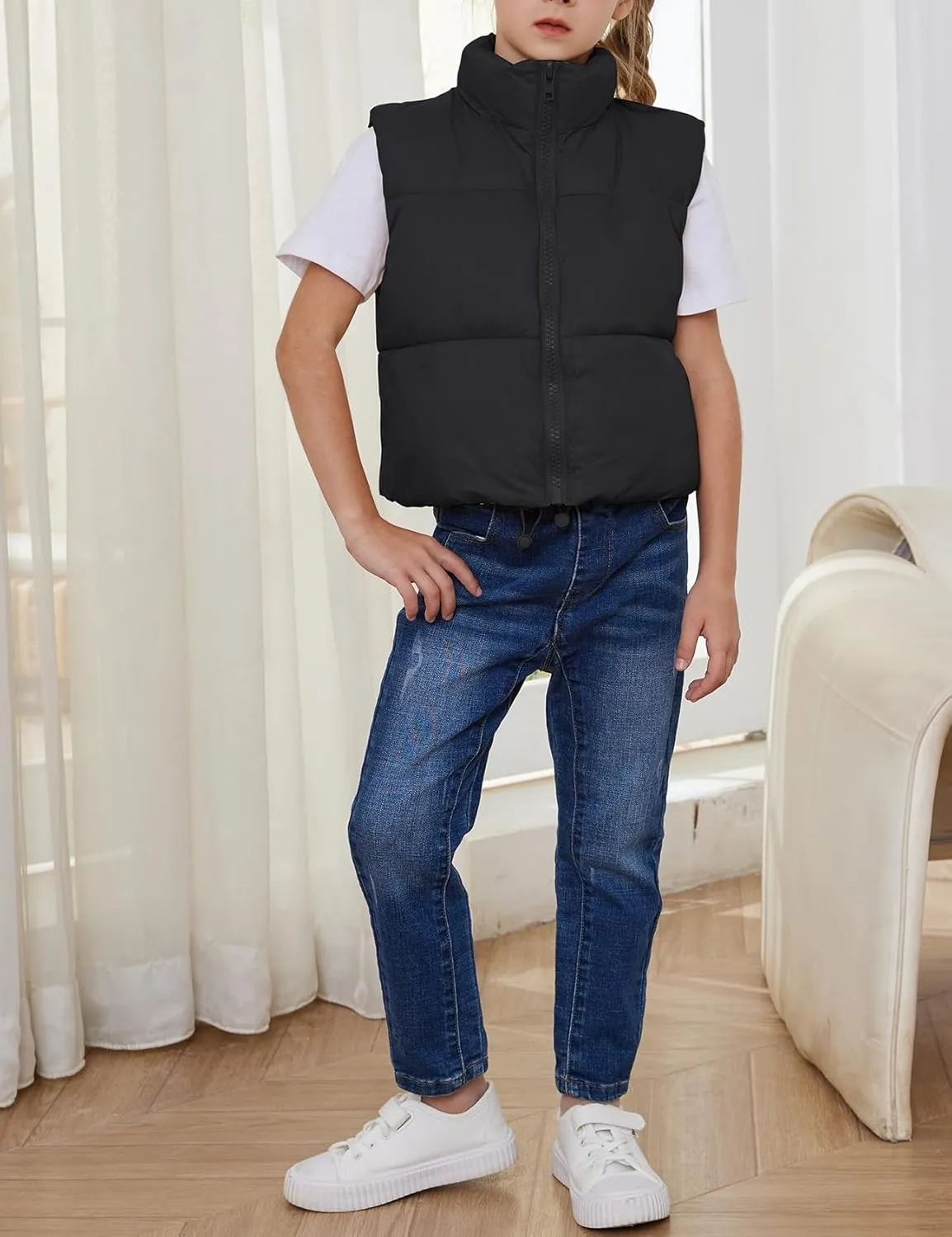 Gihuo Girls Winter Puffer Vest Lightweight Water-Resistant Quilted Vests Cropped Warm Kids Sleeveless Jacket Outerwear
