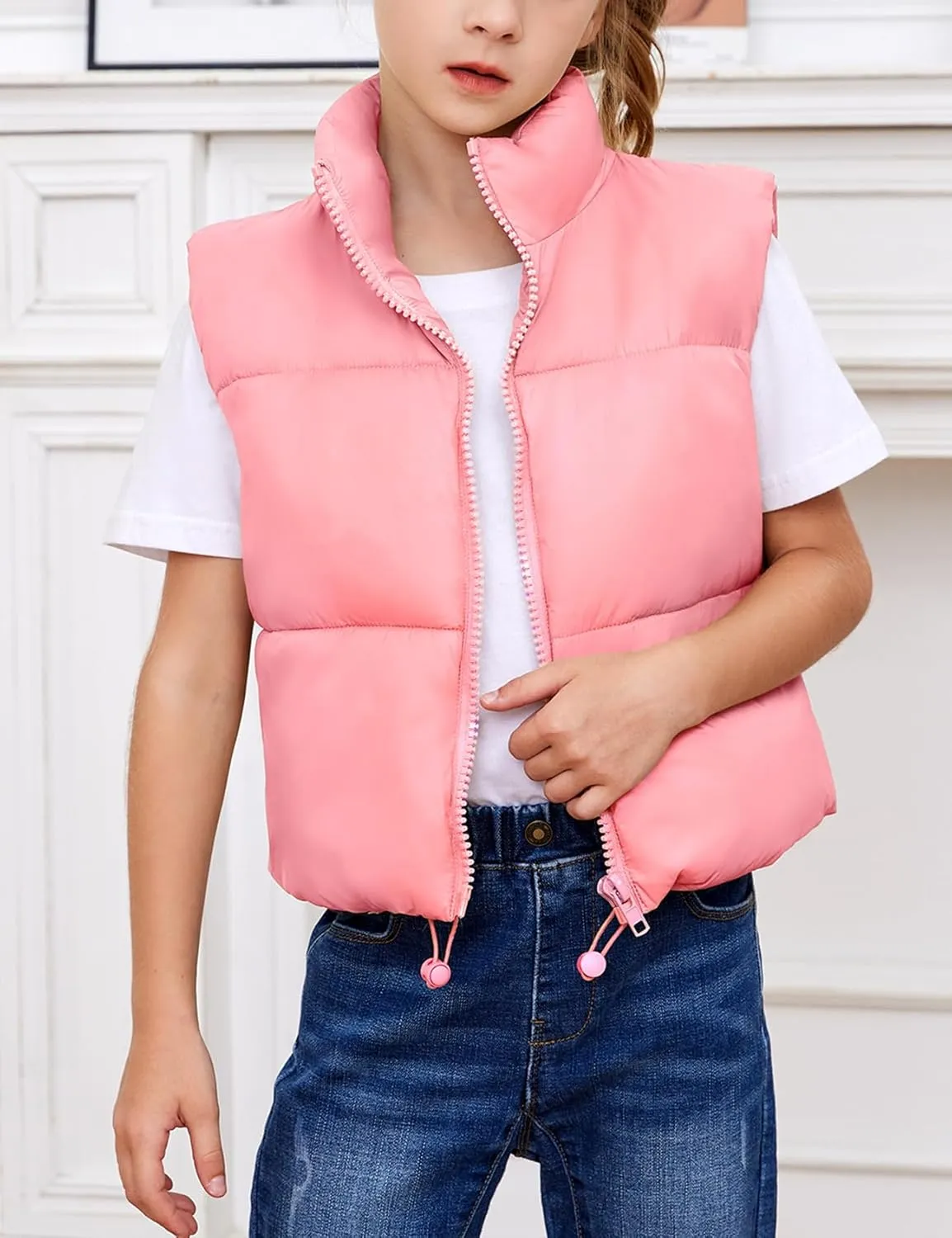 Gihuo Girls Winter Puffer Vest Lightweight Water-Resistant Quilted Vests Cropped Warm Kids Sleeveless Jacket Outerwear