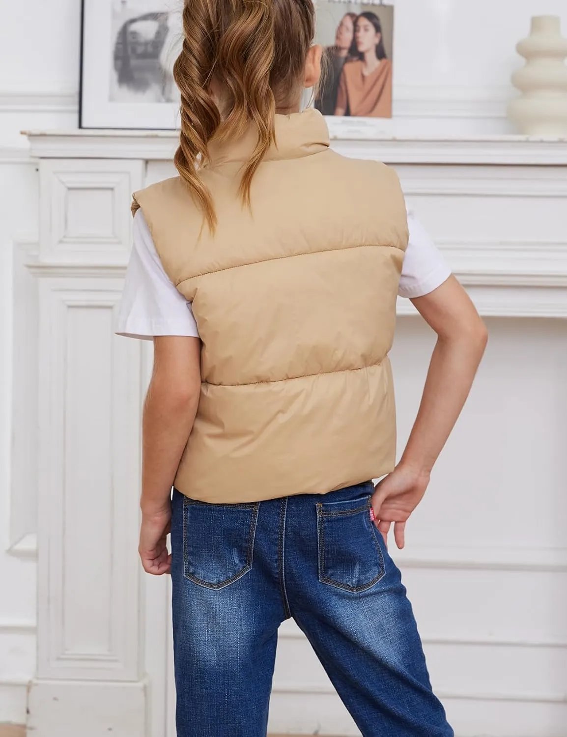 Gihuo Girls Winter Puffer Vest Lightweight Water-Resistant Quilted Vests Cropped Warm Kids Sleeveless Jacket Outerwear