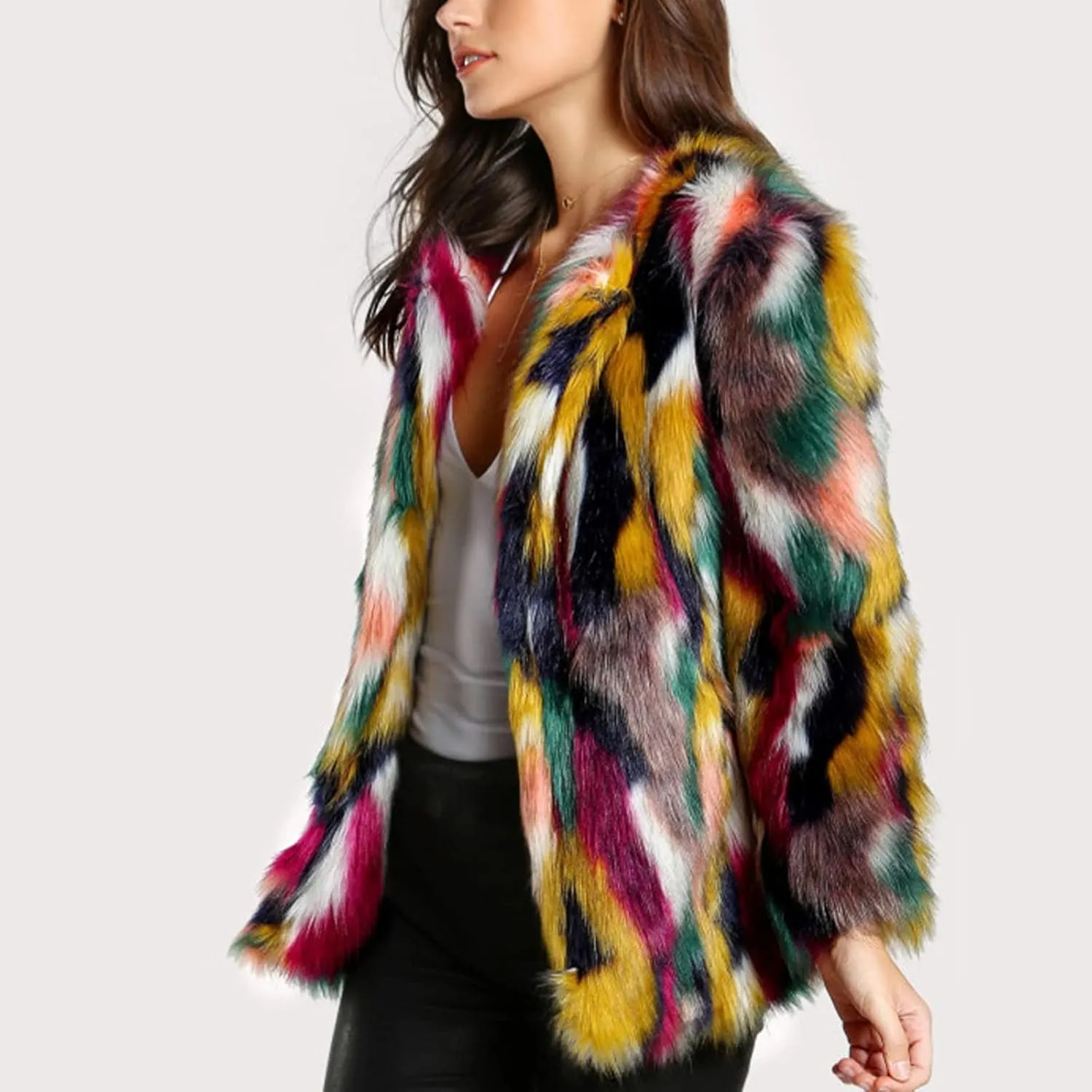 Gihuo Womens Multicolor Faux Fur Coat Winter Warm Gradient Color Outwear Jacket Fall Shaggy Furry Open Front Cardigan