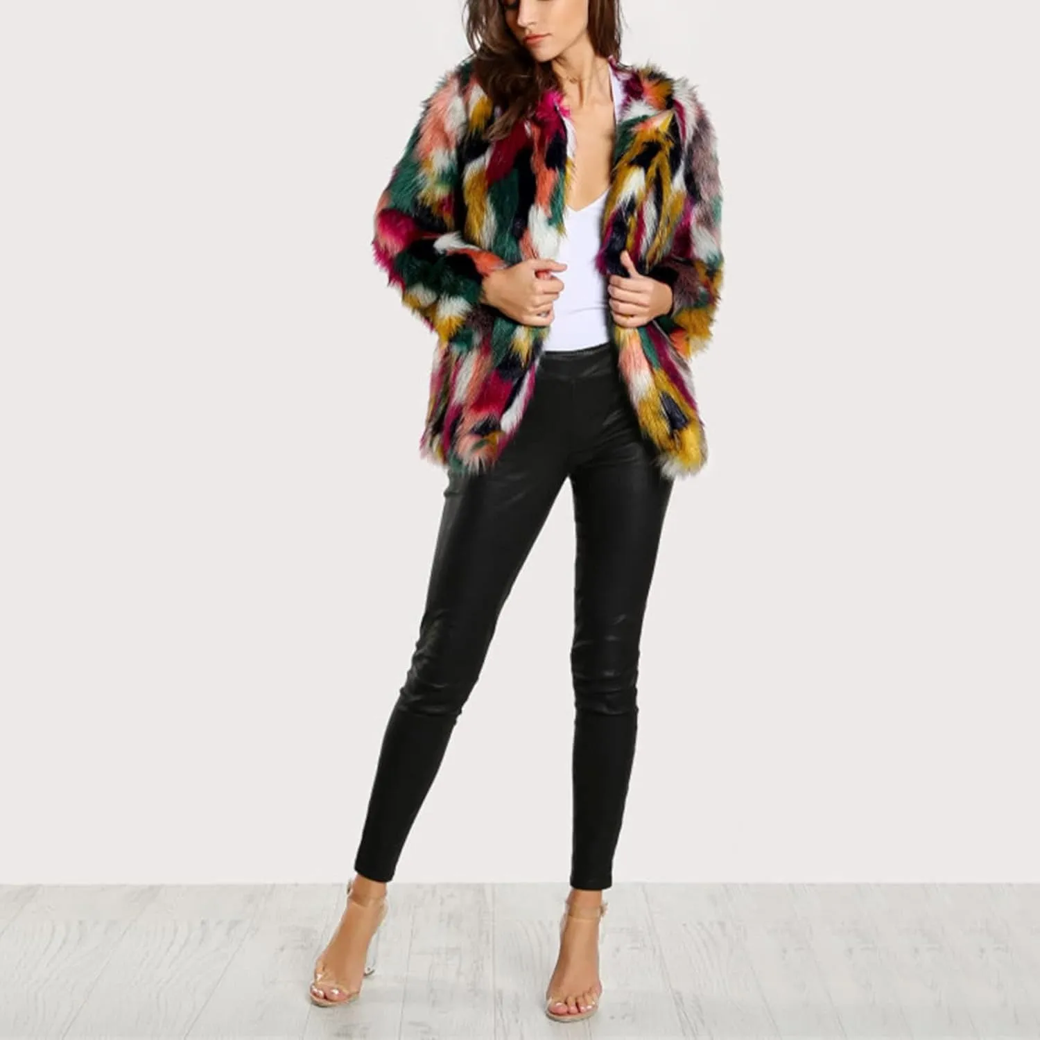 Gihuo Womens Multicolor Faux Fur Coat Winter Warm Gradient Color Outwear Jacket Fall Shaggy Furry Open Front Cardigan