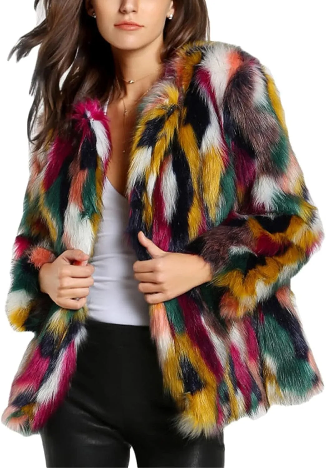 Gihuo Womens Multicolor Faux Fur Coat Winter Warm Gradient Color Outwear Jacket Fall Shaggy Furry Open Front Cardigan