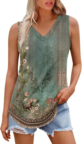 GOFULY Tank Top for Women Dressy V Neck Tops Loose Fit Sleeveless Floral Print Shirts Dressy Casual Summer 2025 Blouses