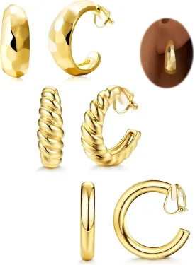 Gold Clip on Earrings Hypoallergenic Clip on Hoop Earrings for Women Trendy 14K Gold/Silver Plated Chunky Tube Croissant No Piercing Fake Earrings Set of 3 Pair Jewelry for Women