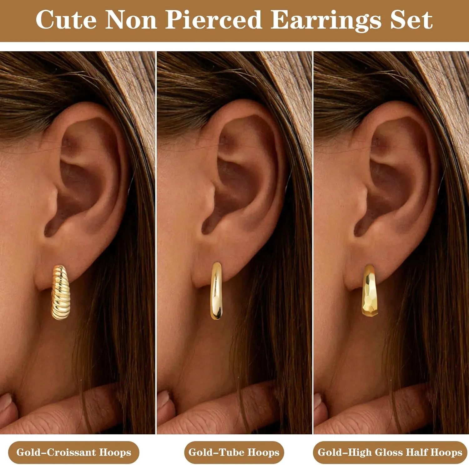 Gold Clip on Earrings Hypoallergenic Clip on Hoop Earrings for Women Trendy 14K Gold/Silver Plated Chunky Tube Croissant No Piercing Fake Earrings Set of 3 Pair Jewelry for Women
