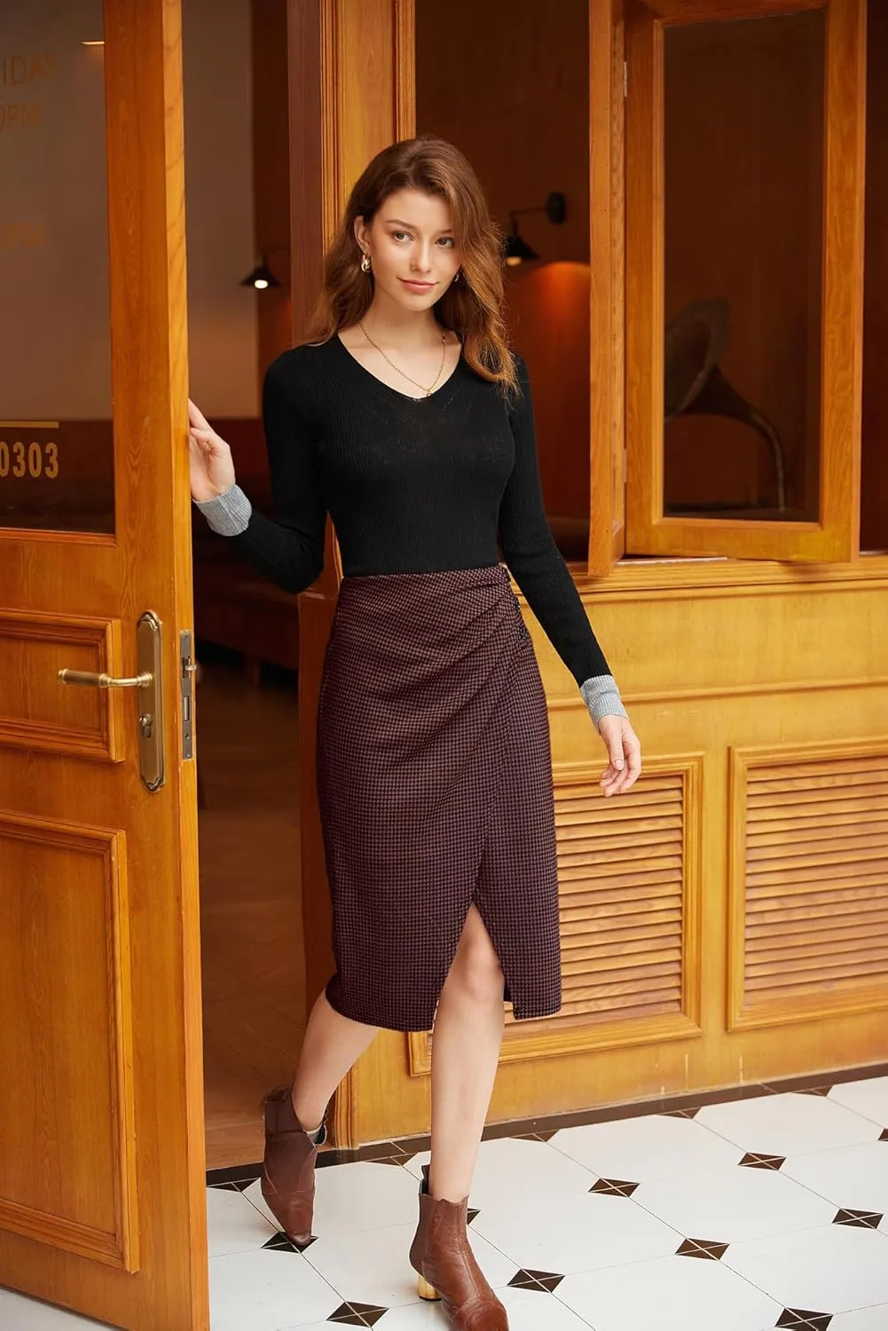 GRACE KARIN Plaid Midi Skirts for Women High Waisted Wrap Ruched Bodycon Skirt Fall Pencil Skirts Dressy Casual