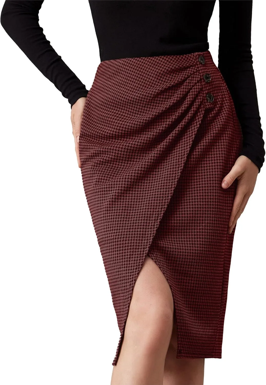 GRACE KARIN Plaid Midi Skirts for Women High Waisted Wrap Ruched Bodycon Skirt Fall Pencil Skirts Dressy Casual