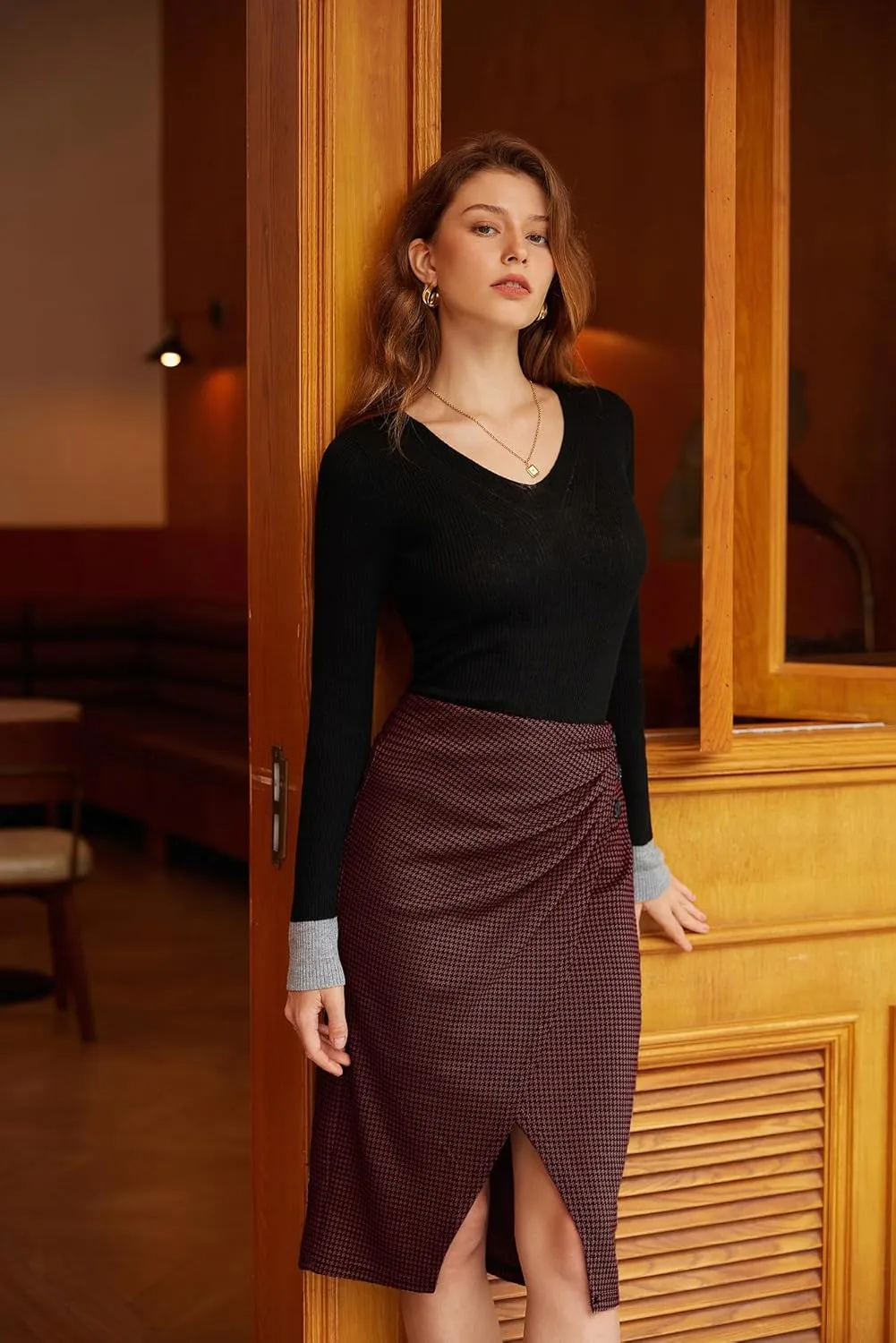 GRACE KARIN Plaid Midi Skirts for Women High Waisted Wrap Ruched Bodycon Skirt Fall Pencil Skirts Dressy Casual
