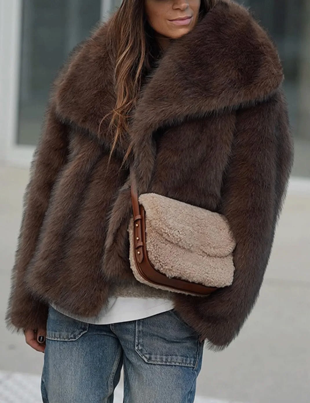 Haellun Women's Faux Fur Coat Long Sleeve Fluffy Jacket Open Front Furry Winter Shaggy Short Coat Outwear