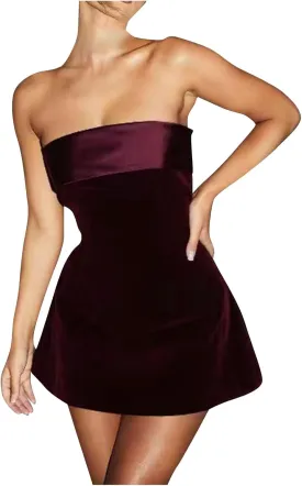 HGps8w Women Elegant Velvet Satin Tube Mini Dress Sexy Strapless Off Shoulder Slim Flare Y2k Short Party Homecomming Dress