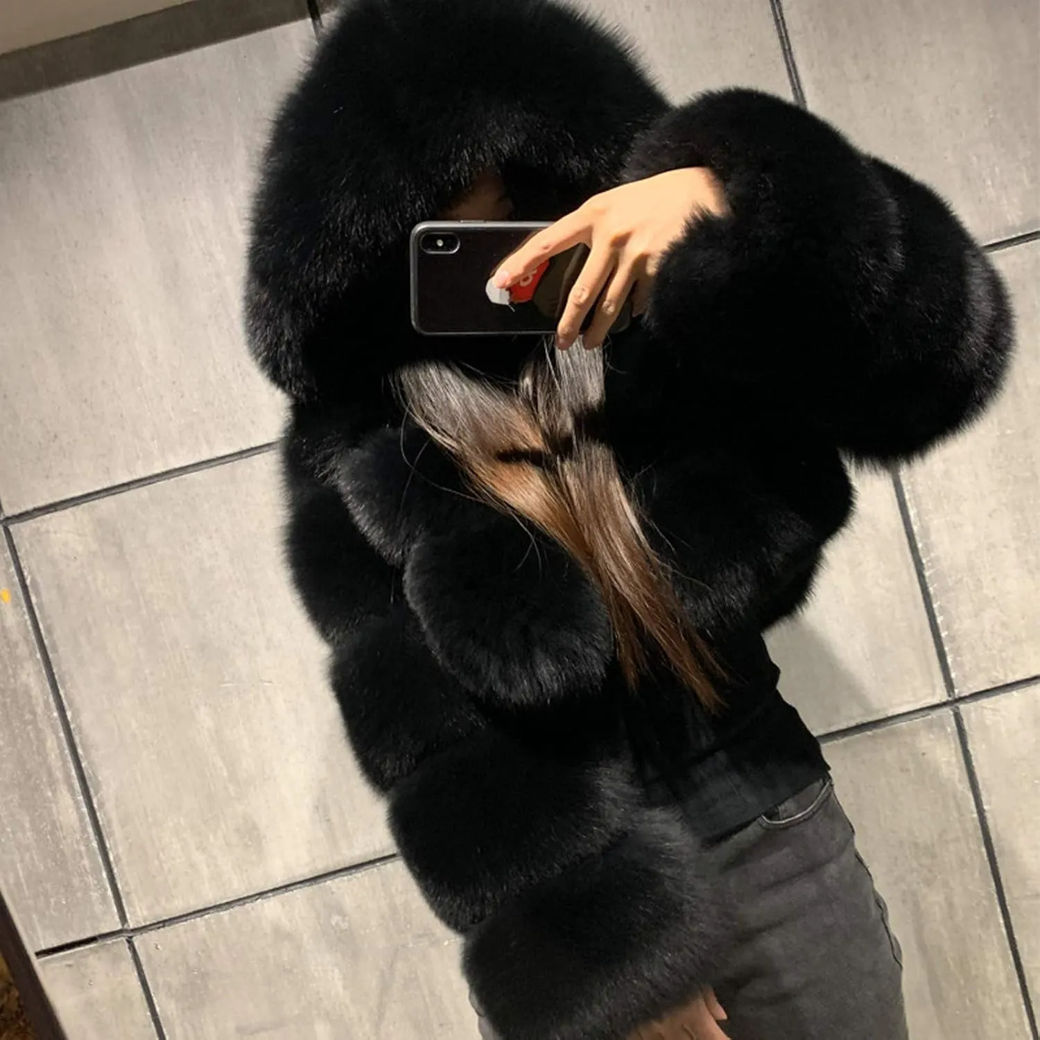 hlysgo Winter Crop Coats Womens Faux Fur Jacket Long Sleeve Hooded Cropped Jackets Zipper Fuzzy Short Coat Outerwear