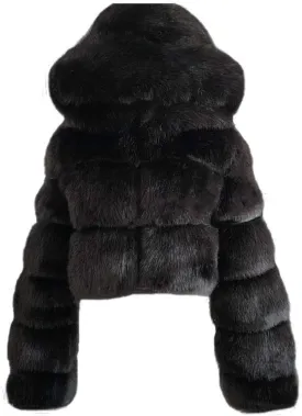 hlysgo Winter Crop Coats Womens Faux Fur Jacket Long Sleeve Hooded Cropped Jackets Zipper Fuzzy Short Coat Outerwear