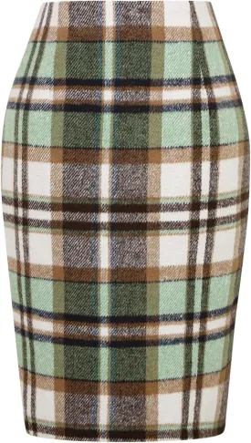 IDEALSANXUN Midi Plaid Skirts for Women Fall Winter Knee Length Pencil Wool Skirt with Slit