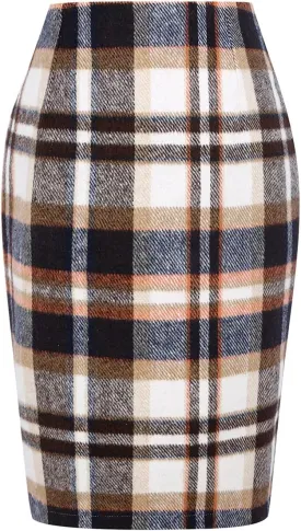 IDEALSANXUN Midi Plaid Skirts for Women Fall Winter Knee Length Pencil Wool Skirt with Slit
