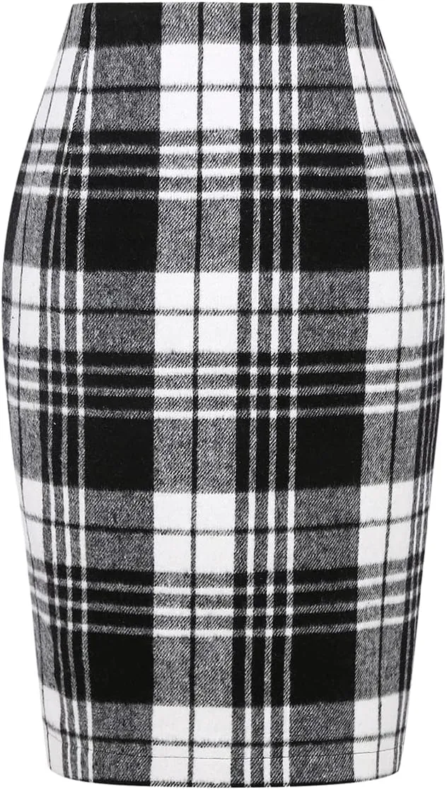 IDEALSANXUN Midi Plaid Skirts for Women Fall Winter Knee Length Pencil Wool Skirt with Slit
