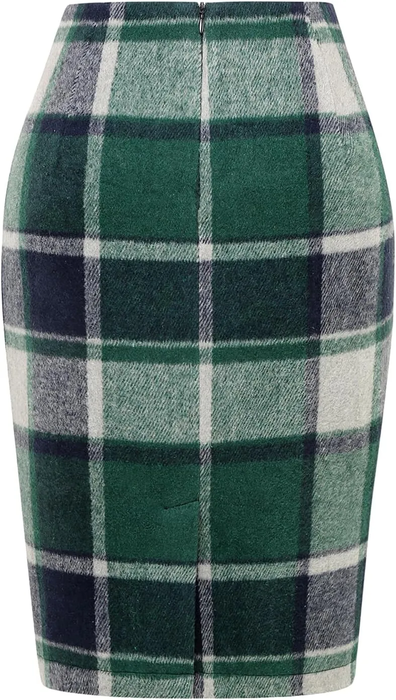 IDEALSANXUN Midi Plaid Skirts for Women Fall Winter Knee Length Pencil Wool Skirt with Slit