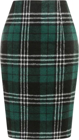 IDEALSANXUN Midi Plaid Skirts for Women Fall Winter Knee Length Pencil Wool Skirt with Slit