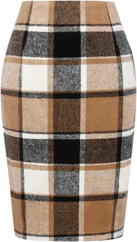 IDEALSANXUN Midi Plaid Skirts for Women Fall Winter Knee Length Pencil Wool Skirt with Slit