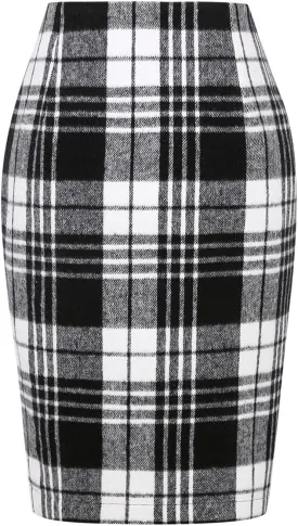 IDEALSANXUN Midi Plaid Skirts for Women Fall Winter Knee Length Pencil Wool Skirt with Slit