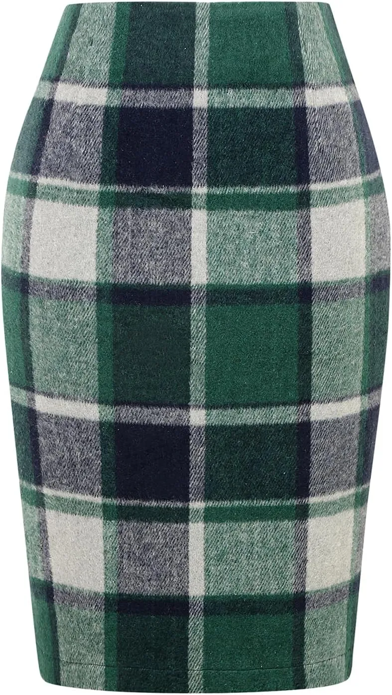 IDEALSANXUN Midi Plaid Skirts for Women Fall Winter Knee Length Pencil Wool Skirt with Slit