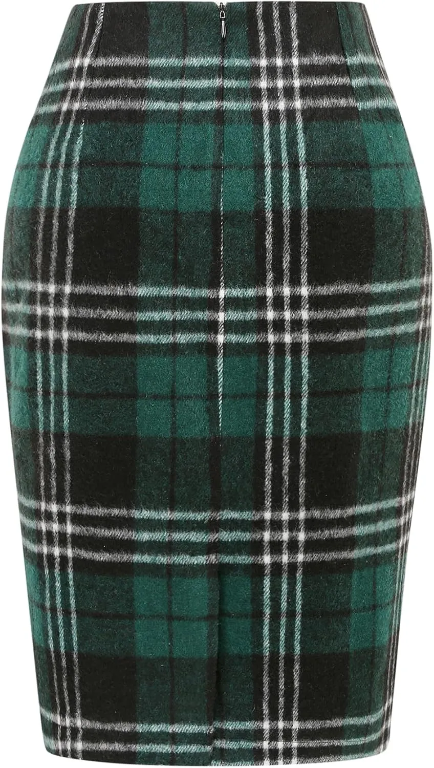IDEALSANXUN Midi Plaid Skirts for Women Fall Winter Knee Length Pencil Wool Skirt with Slit